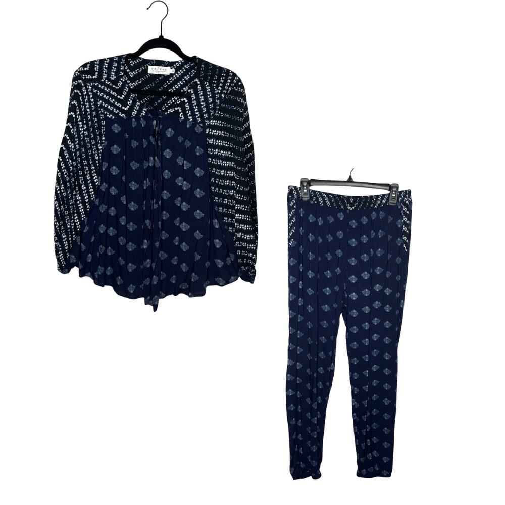 Velvet by Graham & Spencer Blouse and Pant Set Womens M L Blue Indian Challis